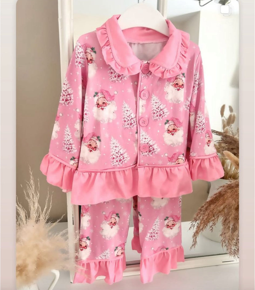 Baby Girls Pink Santa Trees Plaid Button Top Pants Christmas Pajamas Set Preorder
