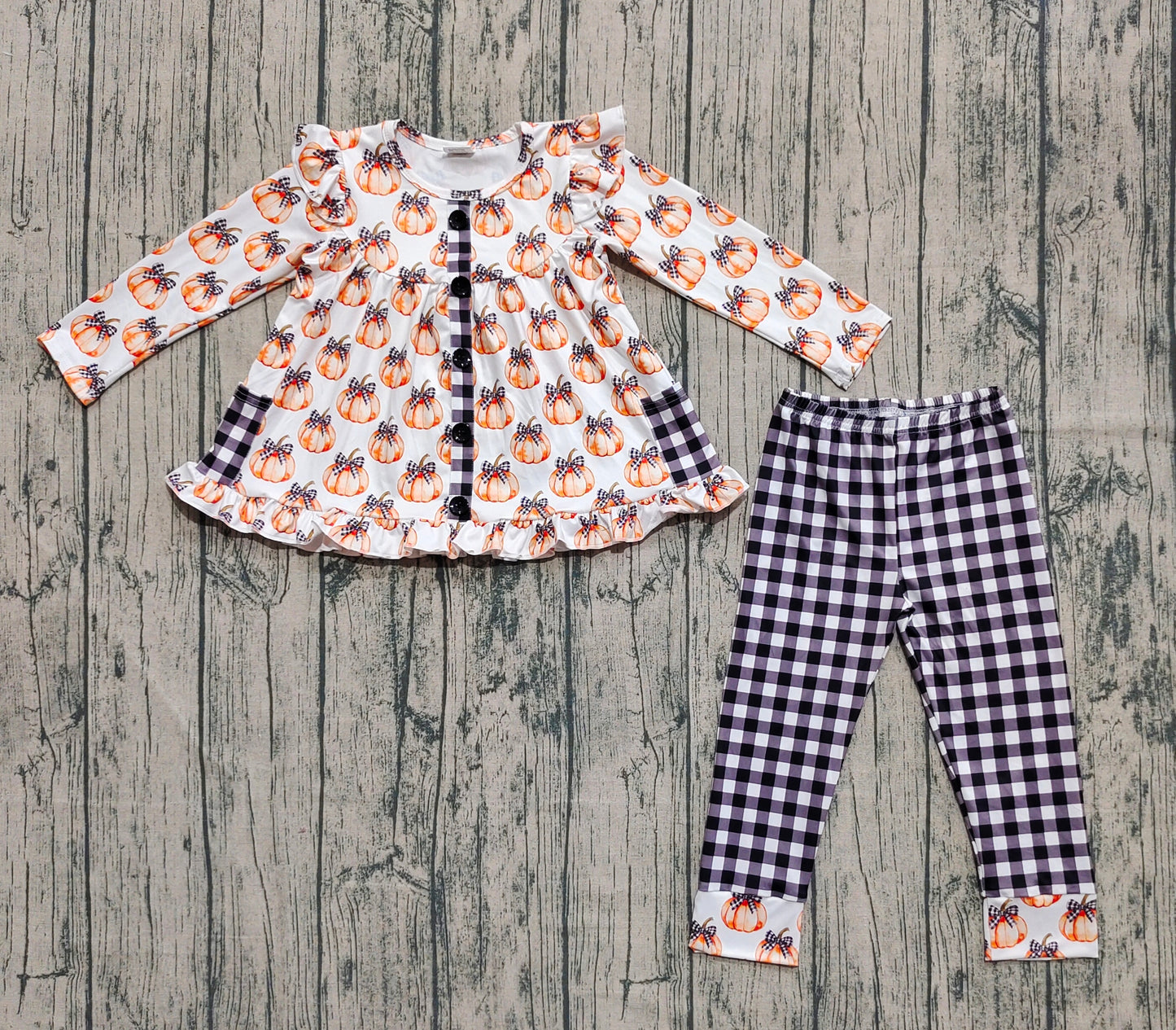 Baby Girls Button Pockets Pumpkins Tunic Black Plaid Pants Fall Sets