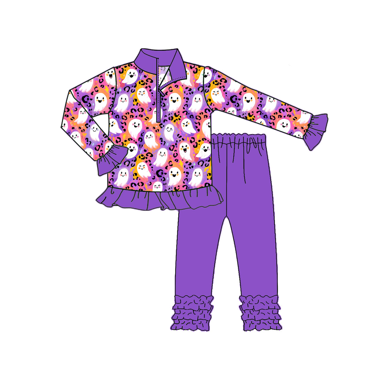 Baby Girls Purple Leopard Ghost Zipper Pullover Legging Pant Halloween Set Preorder