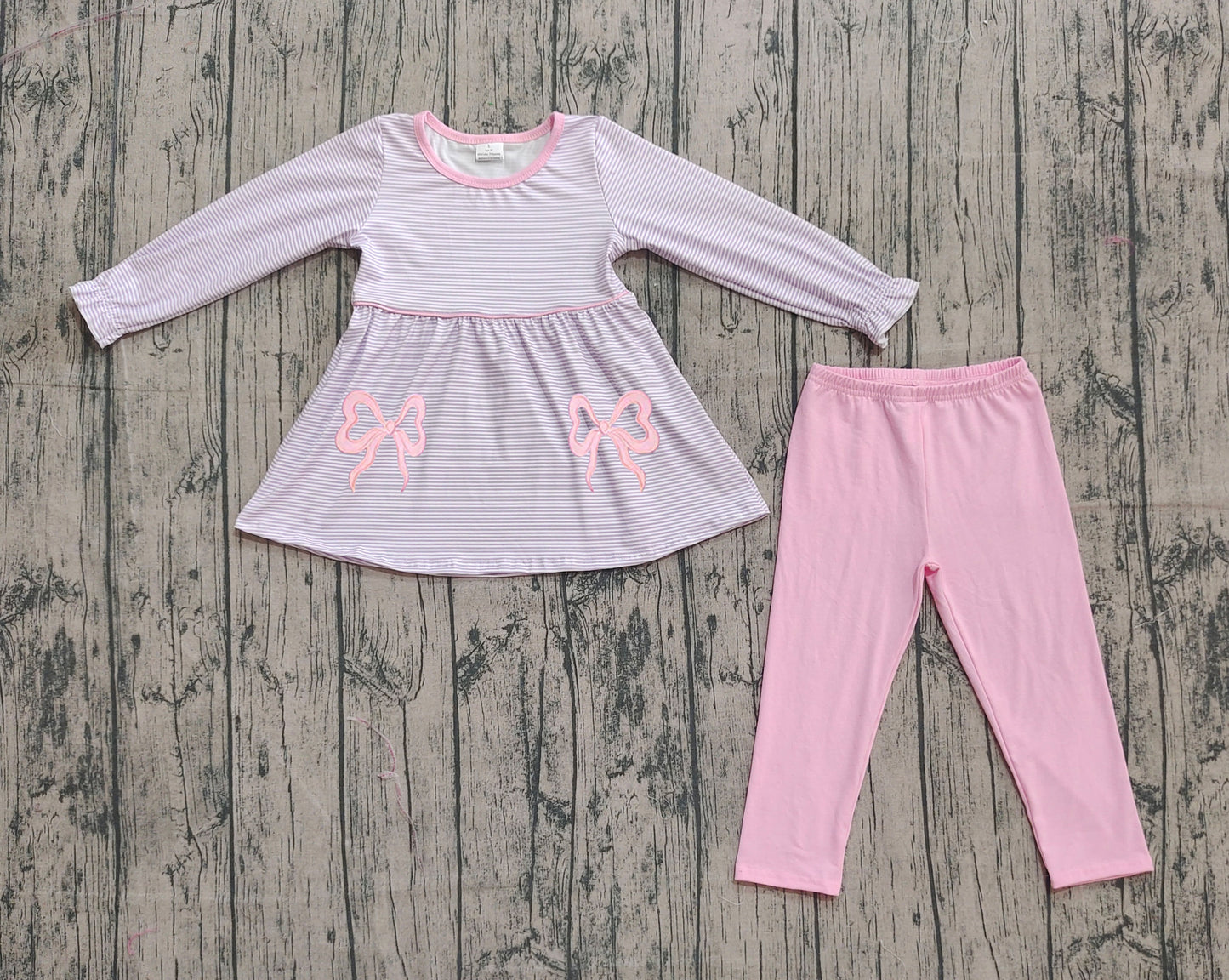 Embroidery Baby Girls Lavender Stripe Bows Tunic Legging Pant Set