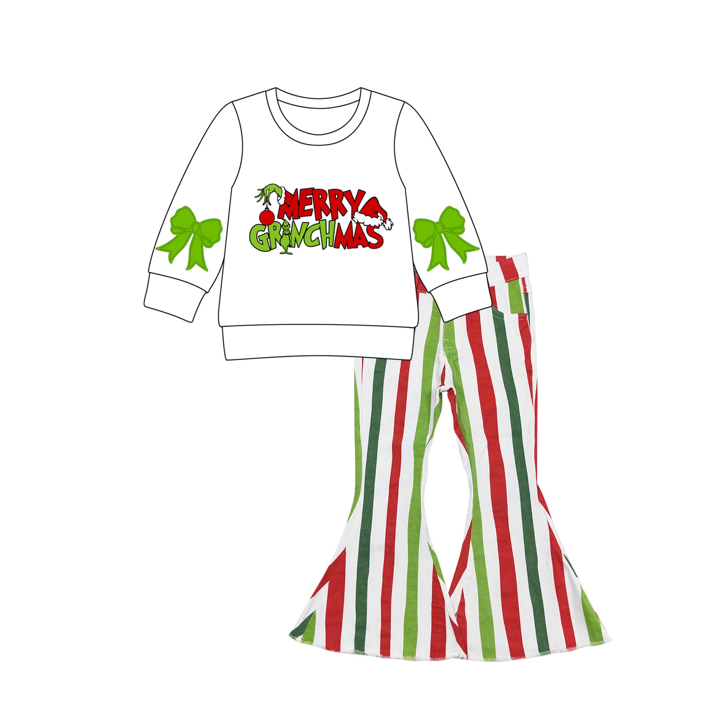 Baby Girls Merry Christmas Green Face Top Stripe Denim Pants Clothes Set Preorder