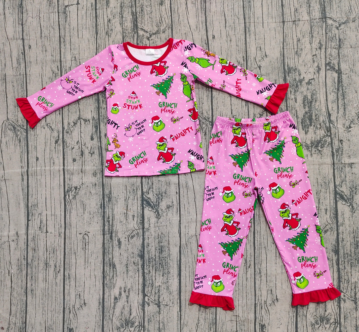 Baby Girls Christmas Trees Green Face Top Ruffle Pant Pajamas Set