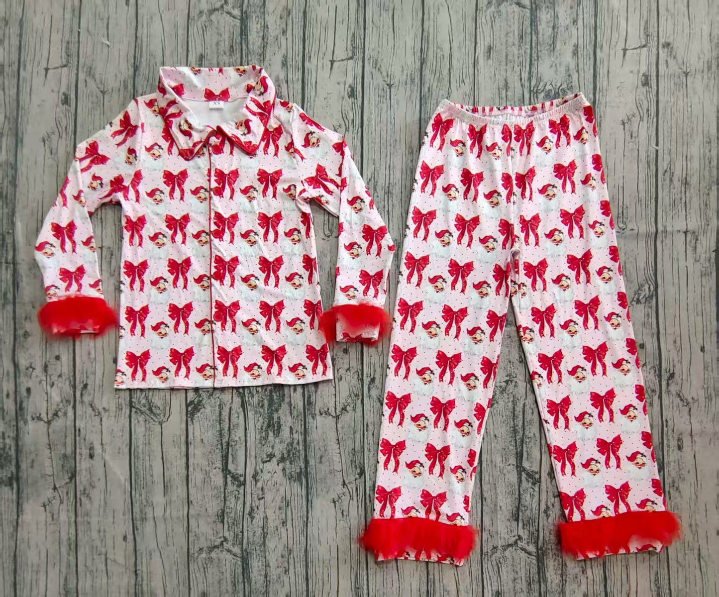 Adult Women Red Bows Santa Button Top Pants Christmas Fur Pajamas Sets