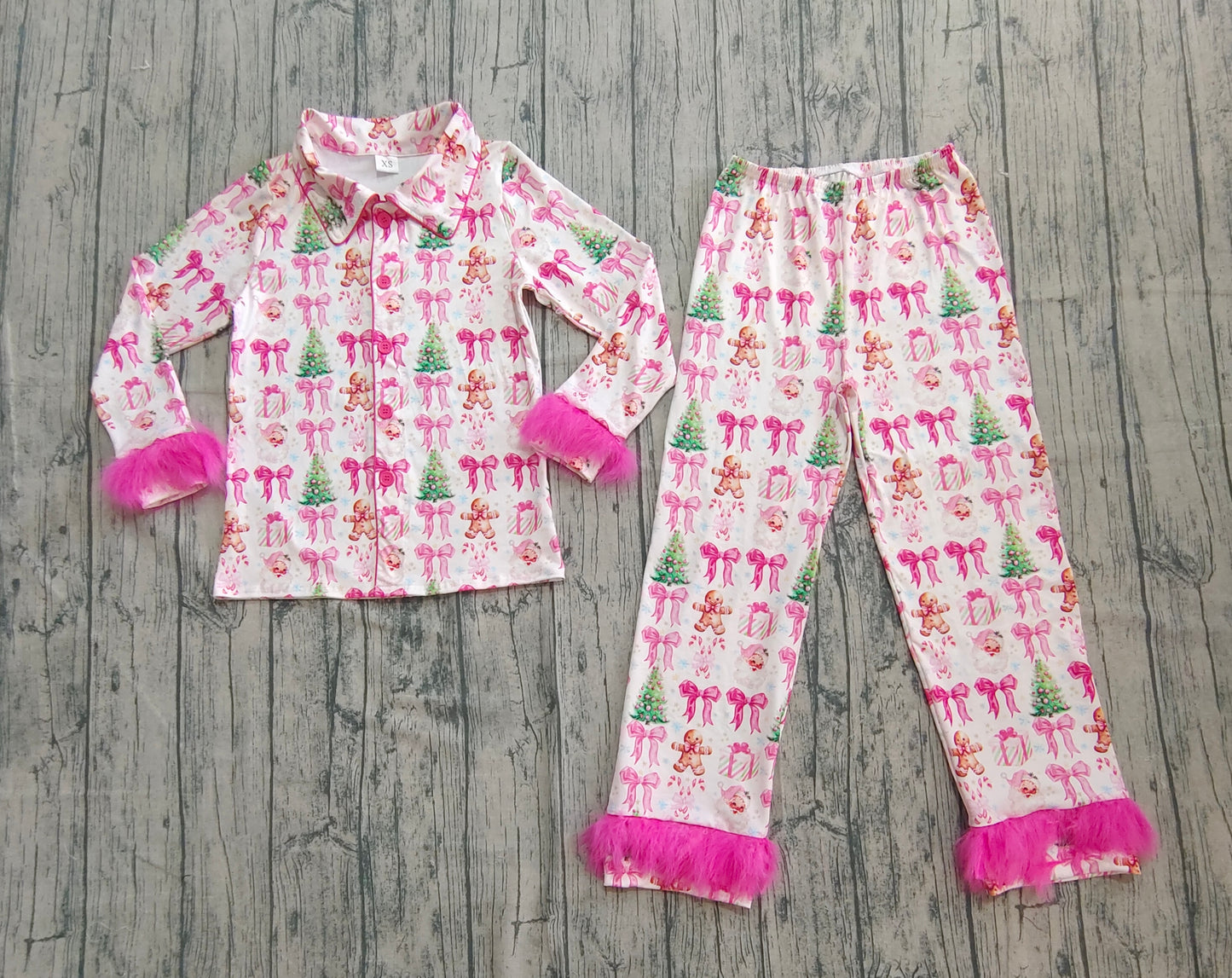 Adult Women Bows Gingerbread Trees Button Top Pants Christmas Fur Pajamas Sets
