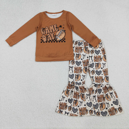 Baby Girls Brown Game Day Footballs Top Bell Bottom Pant Team Clothes Set