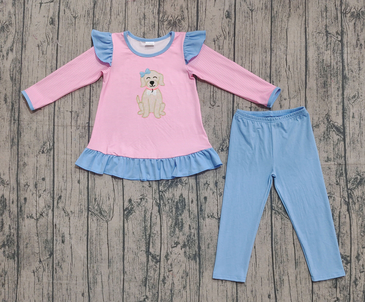 Embroidery Dog Baby Girls Pink Stripe Tunic Blue Leggings Clothes Set