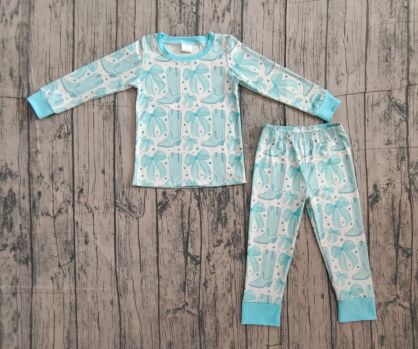 Baby Girls Aqua Bows Boots Plaid Top Pant Western Pajamas Set Preorder