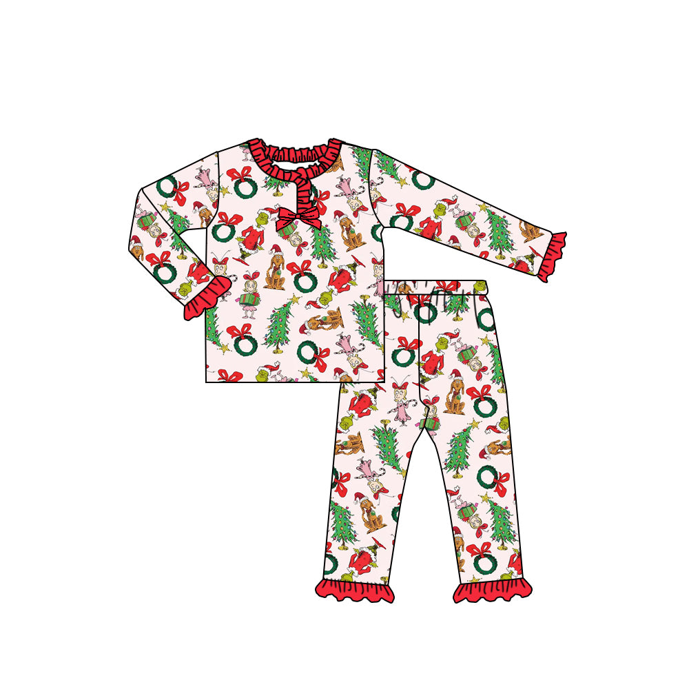 Baby Girls Green Faces Gifts Trees Button Top Pant Christmas Pajamas Set Preorder