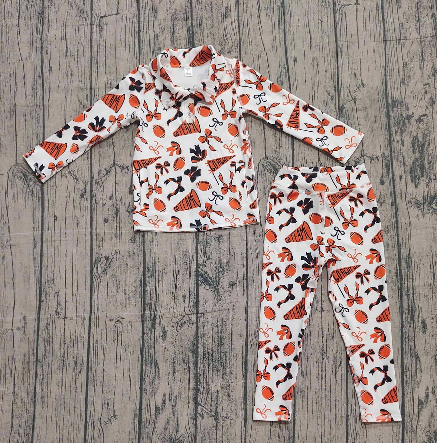 Baby Girls Orange Bows Footballs Go Teams Pullovers Leggings Yoga Active Clothes Set