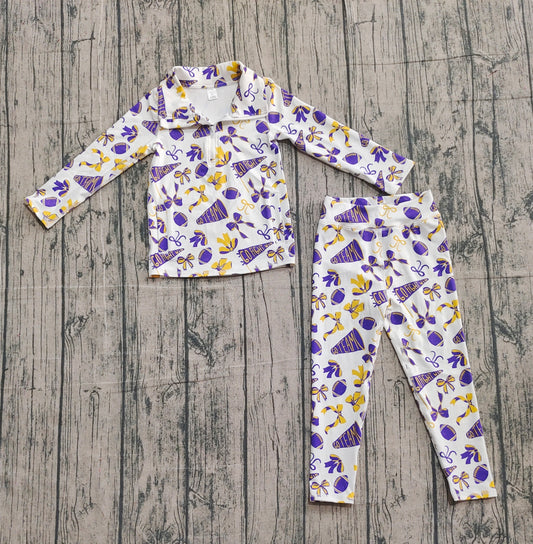 Baby Girls Purple Yellow Bows Footballs Go Teams Pullovers Leggings Yoga Active Clothes Sets