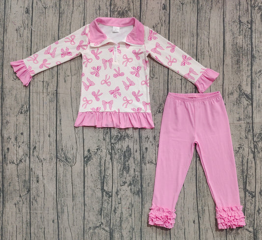 Baby Girls Pink Bows Zipper Pullover Ruffle Legging Pant Fall Clothes Sets