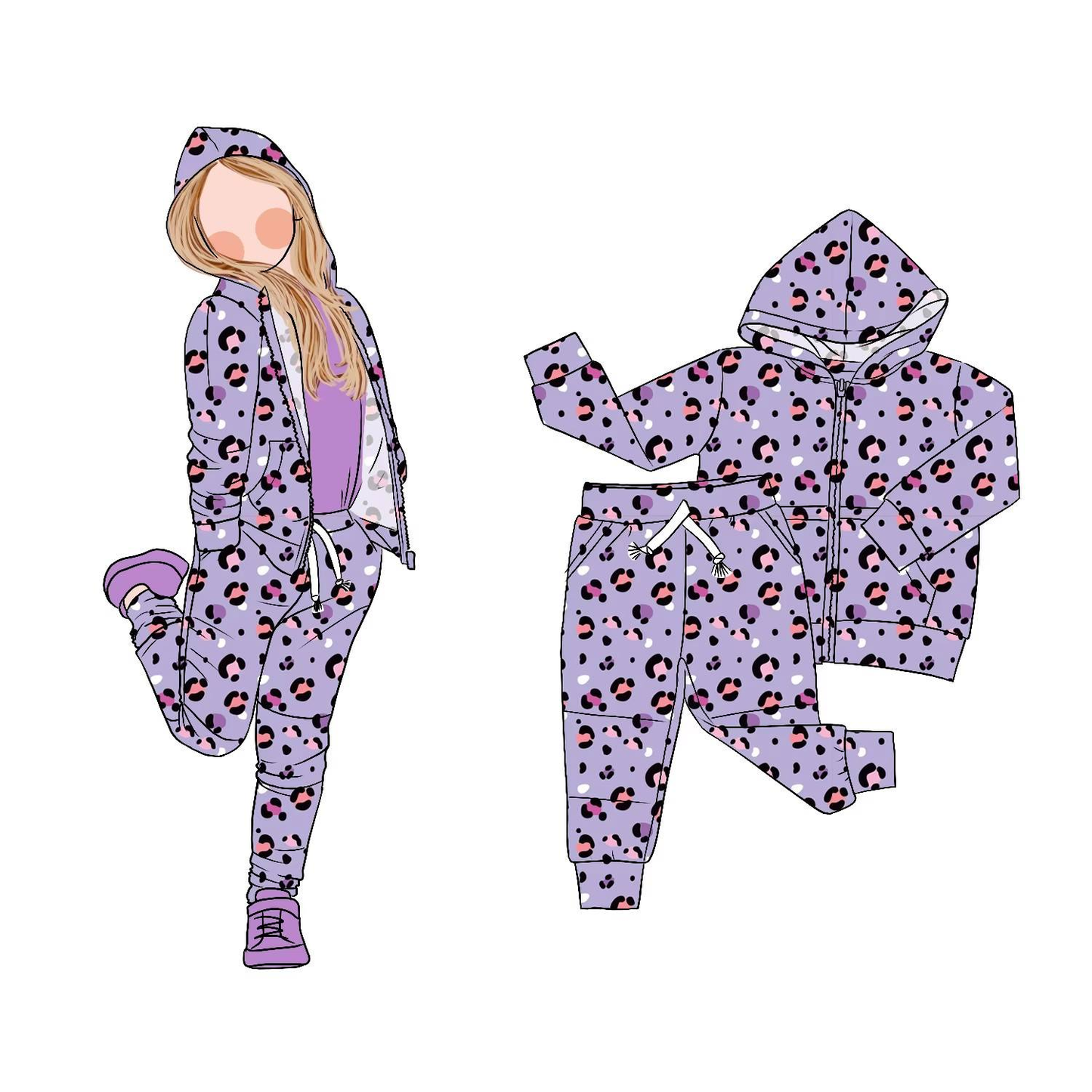Baby Girls Purple Leopard Zipper Pockets Hoodie Jogger Pant Clothes Sets Preorder