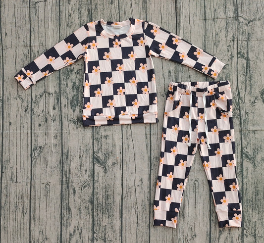 Baby Girls Pink Black Checked Flowers Top Pockets Jogger Pants Clothes Set