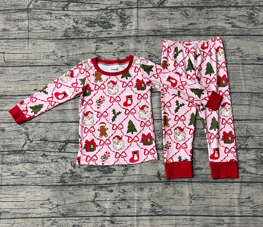 Baby Girls Red Bows Santa Gifts Checked Top Pant Christmas Pajamas Sets