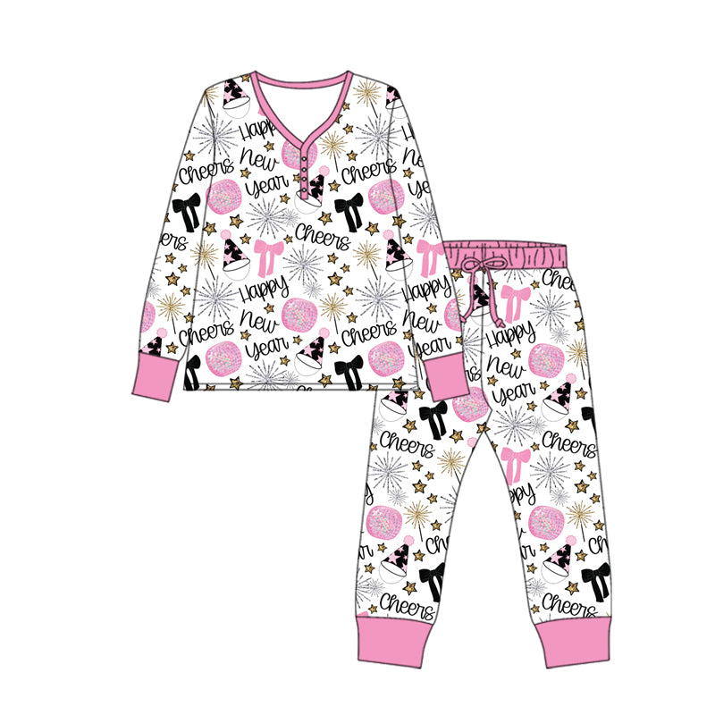 Adult Women Pink Bows Balls Happy New Year Top Pant Pajamas Sets Preorder