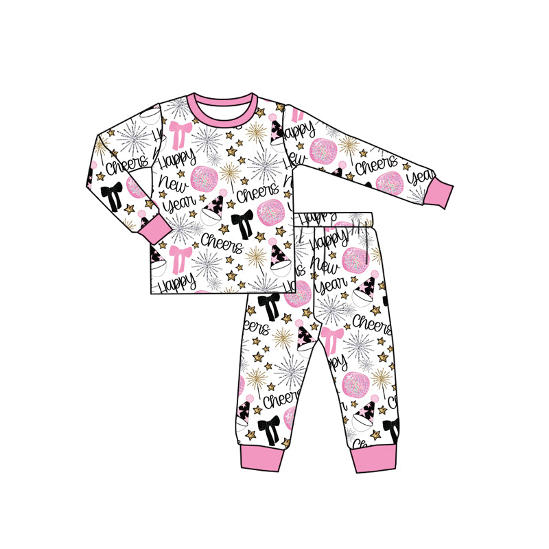 Baby Girls Pink Bows Balls Happy New Year Top Pant Pajamas Sets Preorder