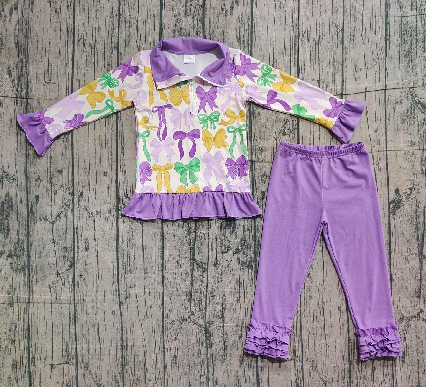 Baby Girls Mardigras Bows Zipper Pullover Ruffle Legging Clothes Sets
