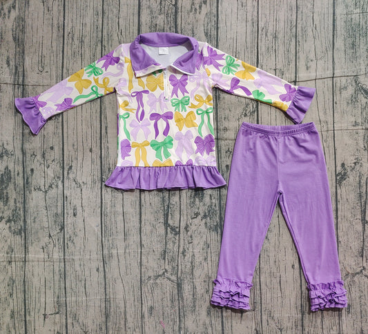 Baby Girls Mardigras Bows Zipper Pullover Ruffle Legging Clothes Sets