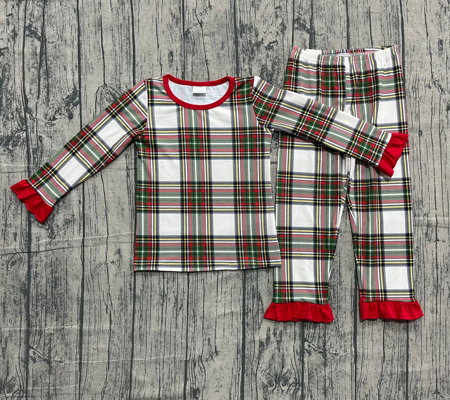 Baby Girls Green Red Checked Top Ruffle Pants Christmas Pajamas Sets