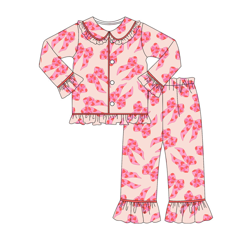 Baby Girls Pink Heart Bows Button Top Pants Valentine Pajamas Sets Preorder