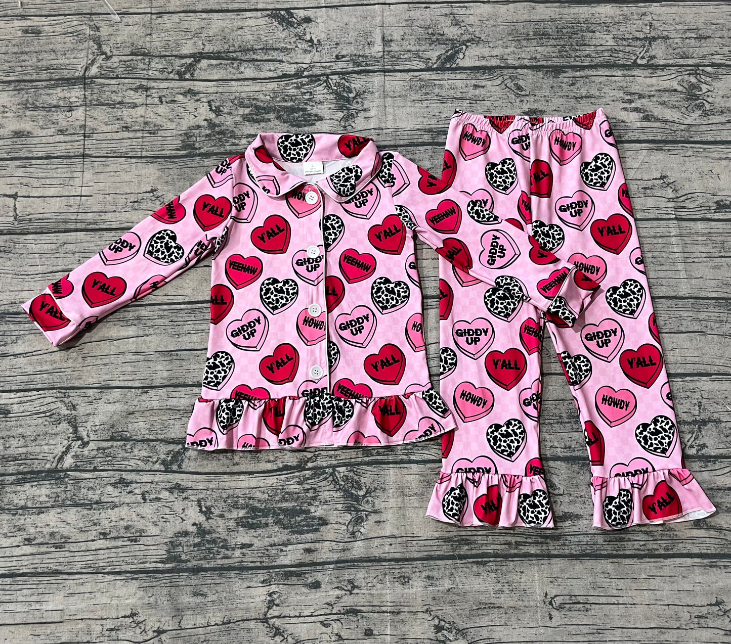 Baby Girls Pink Checked Hearts Button Top Pants Valentine Pajamas Sets