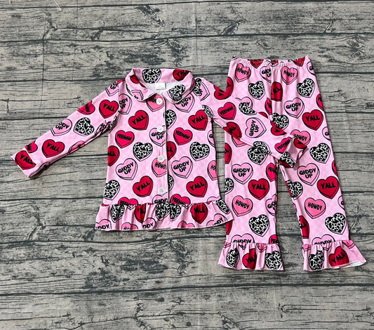 Baby Girls Pink Checked Hearts Button Top Pants Valentine Pajamas Sets