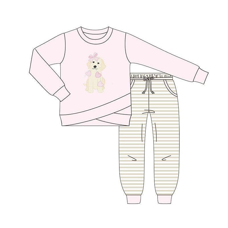 Baby Girls Hearts Dogs Top Pockets Stripes Pants Valentine Clothes Sets Preorder