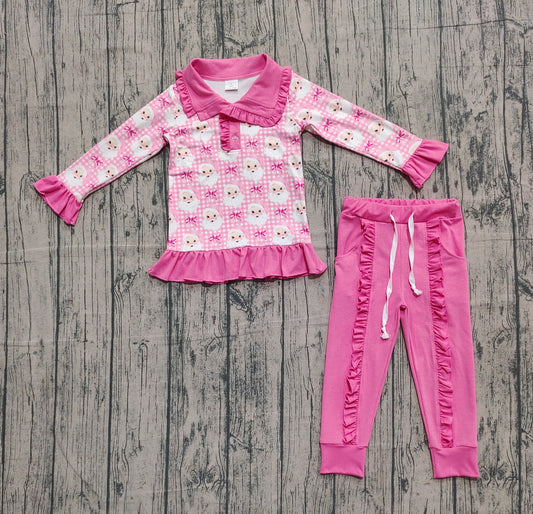 Baby Girls Pink Checked Santa Button Top Pockets Pants Christmas Clothes Sets