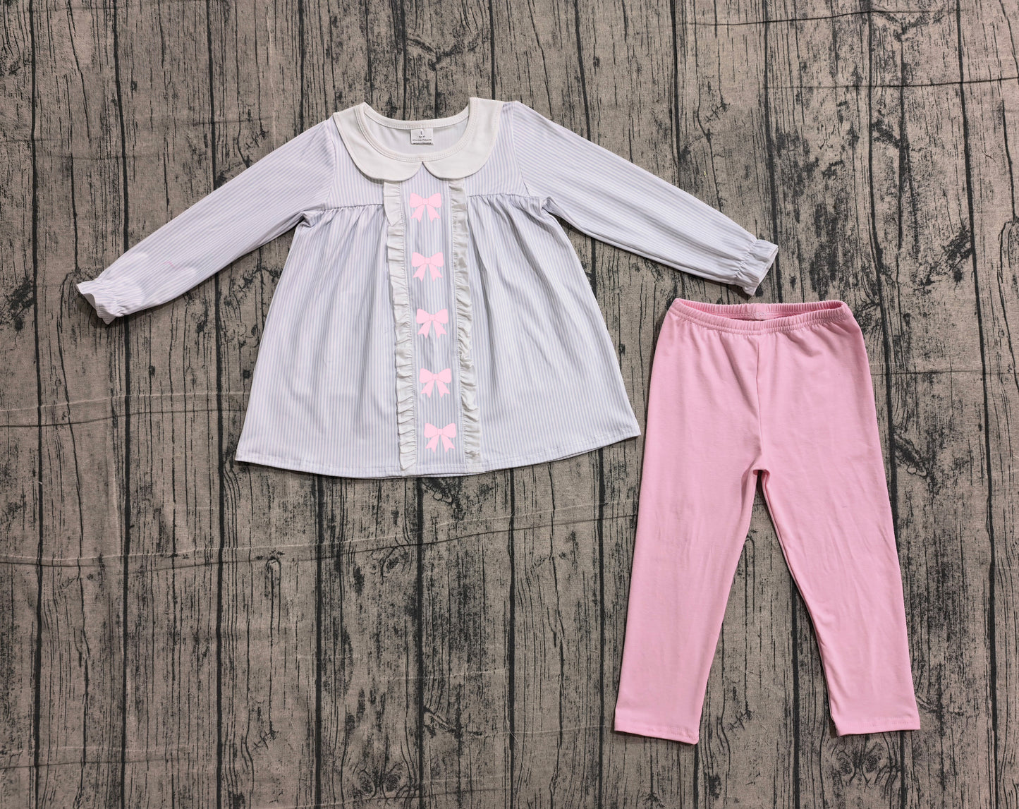 Embroidery Bows Baby Girls Stripe Collar Tunic Leggings Clothes Sets Preorder