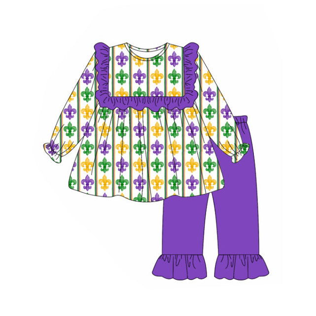 Baby Girls Mardigras Anchors Stripe Tunic Ruffle Pants Clothes Sets Preorder