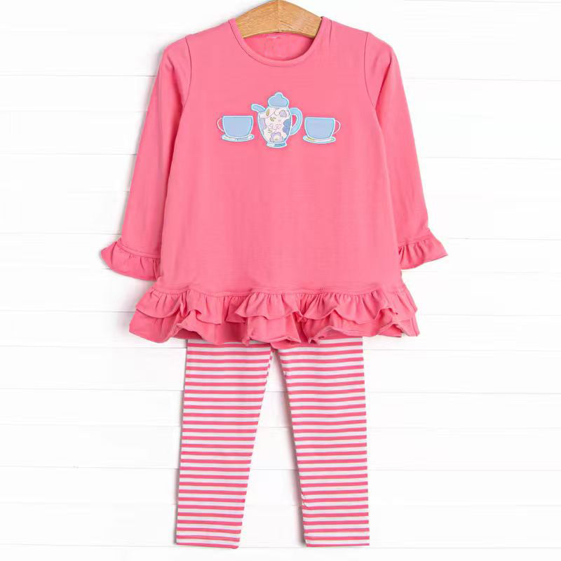Baby Girls Pink Tea Cups Tunic Stripe Leggings Clothes Sets Preorder