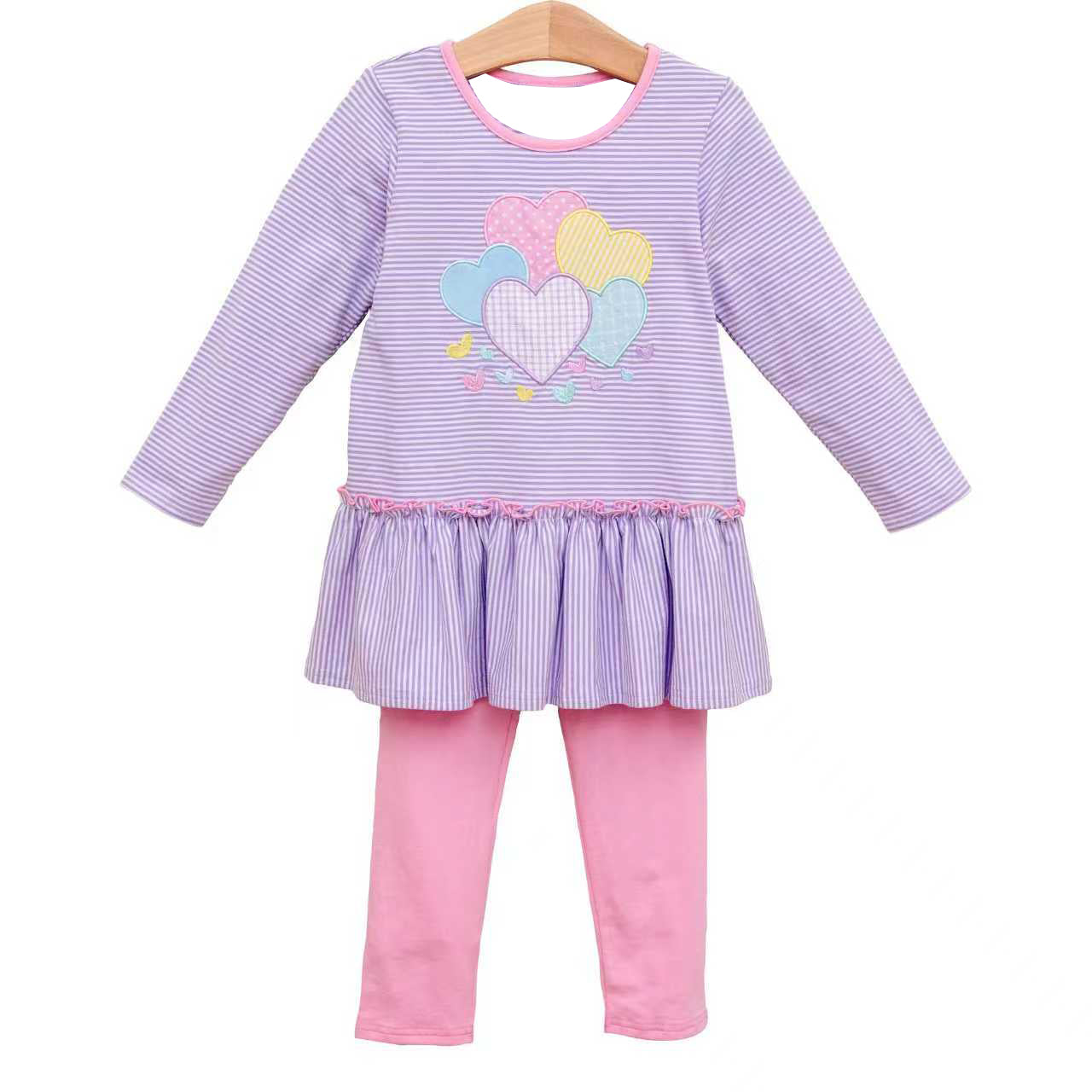 Baby Girls Lavender Stripe Hearts Tunic Leggings Valentine Clothes Sets Preorder