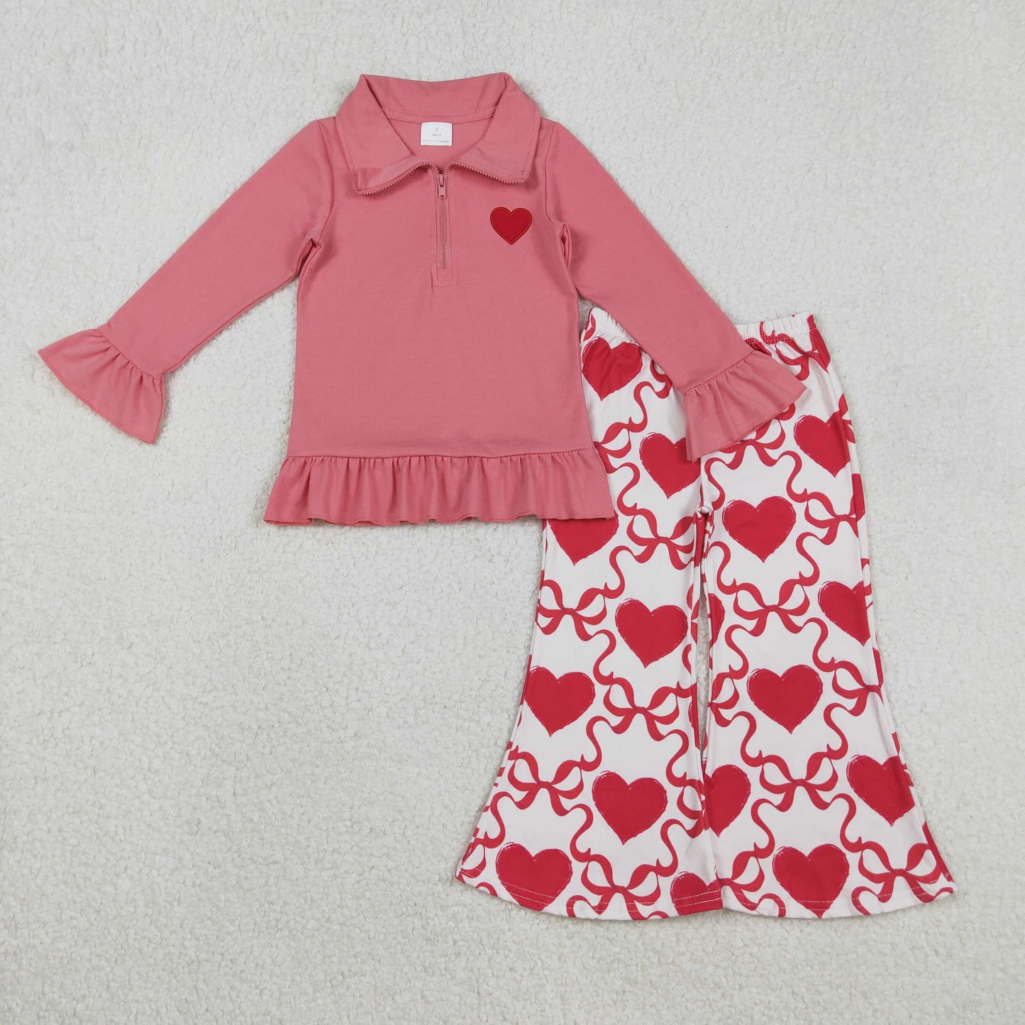 Embroidery Heart Baby Girls Zipper Pullovers Bell Bottom Pants Valentines Clothes Set