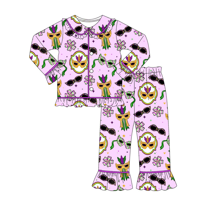 Baby Girls Flowers Anchors Masks Button Top Ruffle Pants Maedigras Pajamas Sets Preorder