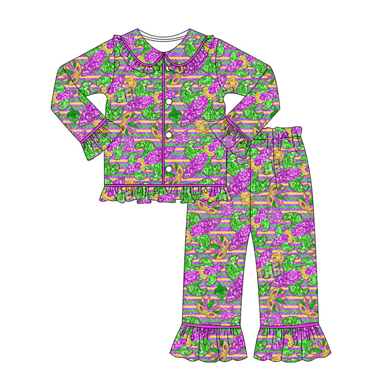 Baby Girls Stripe Anchors Masks Button Top Ruffle Pants Maedigras Pajamas Sets Preorder