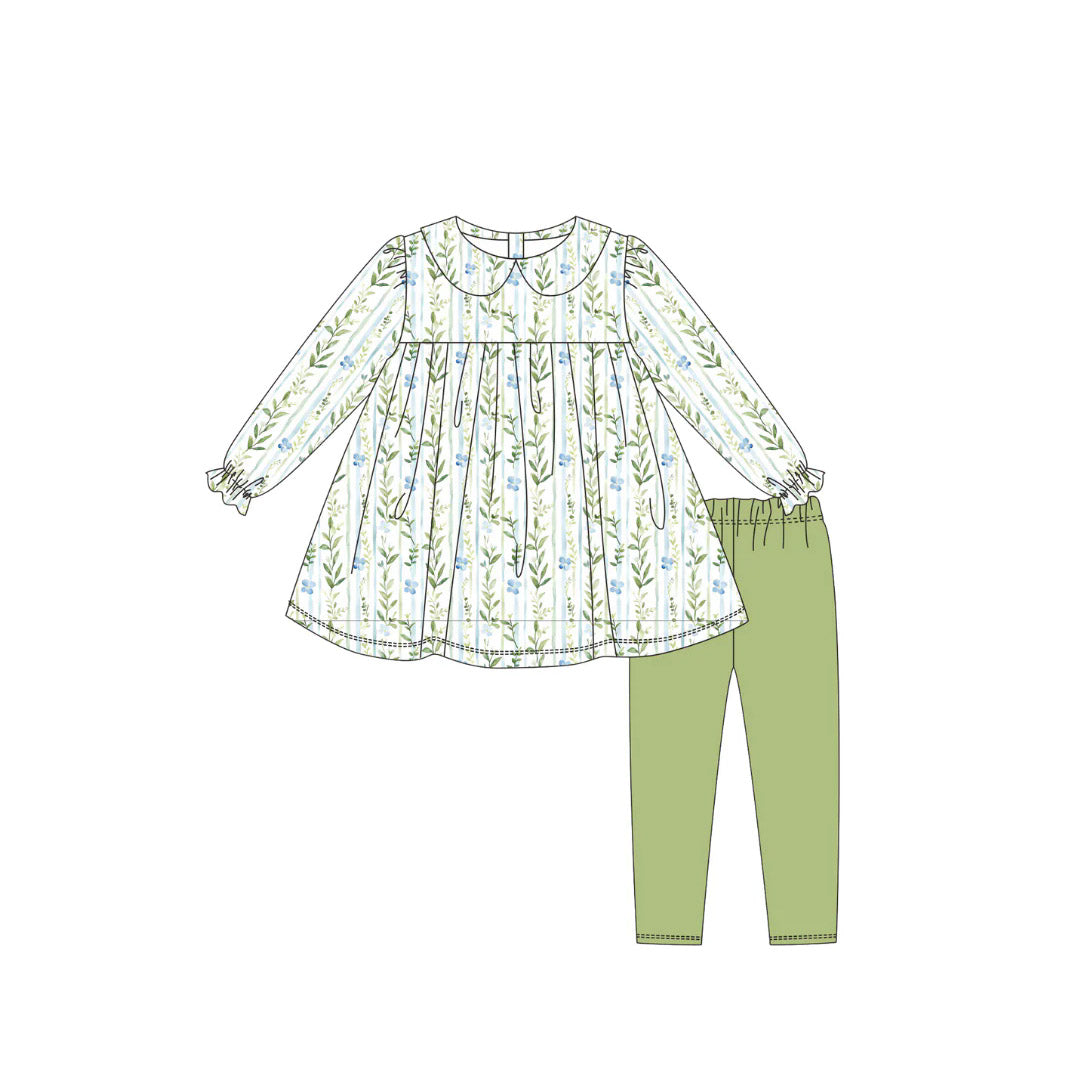 Baby Girls Green Blue Flowers Stripe Tunic Legging Pants Clothes Sets Preorder