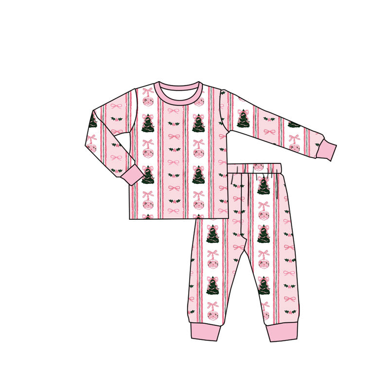 Baby Girls Pink Bows Trees Holly Top Pants Christmas Pajamas Sets Preorder