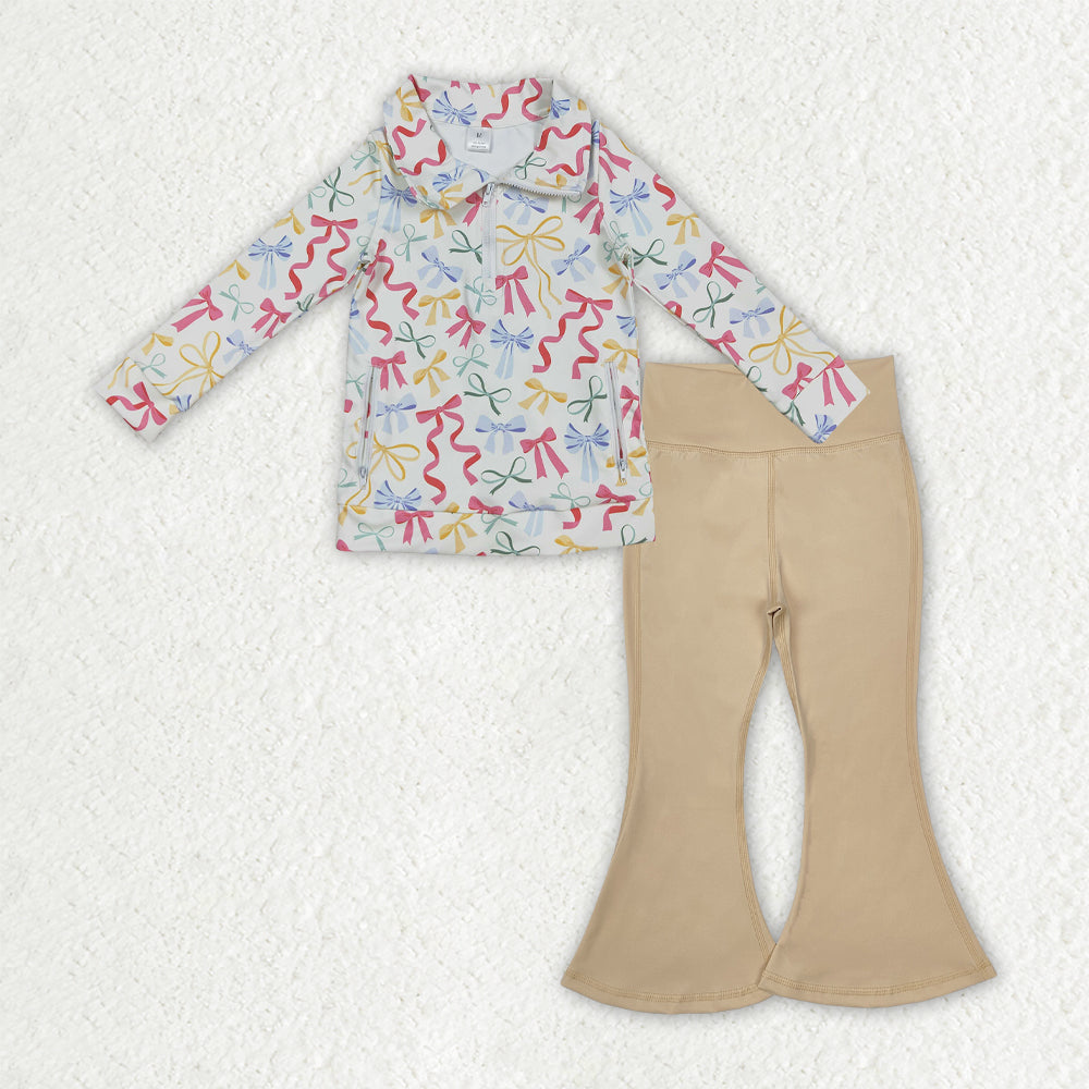 Baby Girls Colorful Bows Zip Pockets Pullover Khaki Bell Bottom Pants Yoga Active Clothes Sets