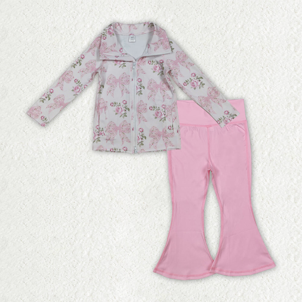Baby Girls Pink Floral Bows Zip Pockets Pullover Bell Bottom Pants Yoga Active Clothes Sets