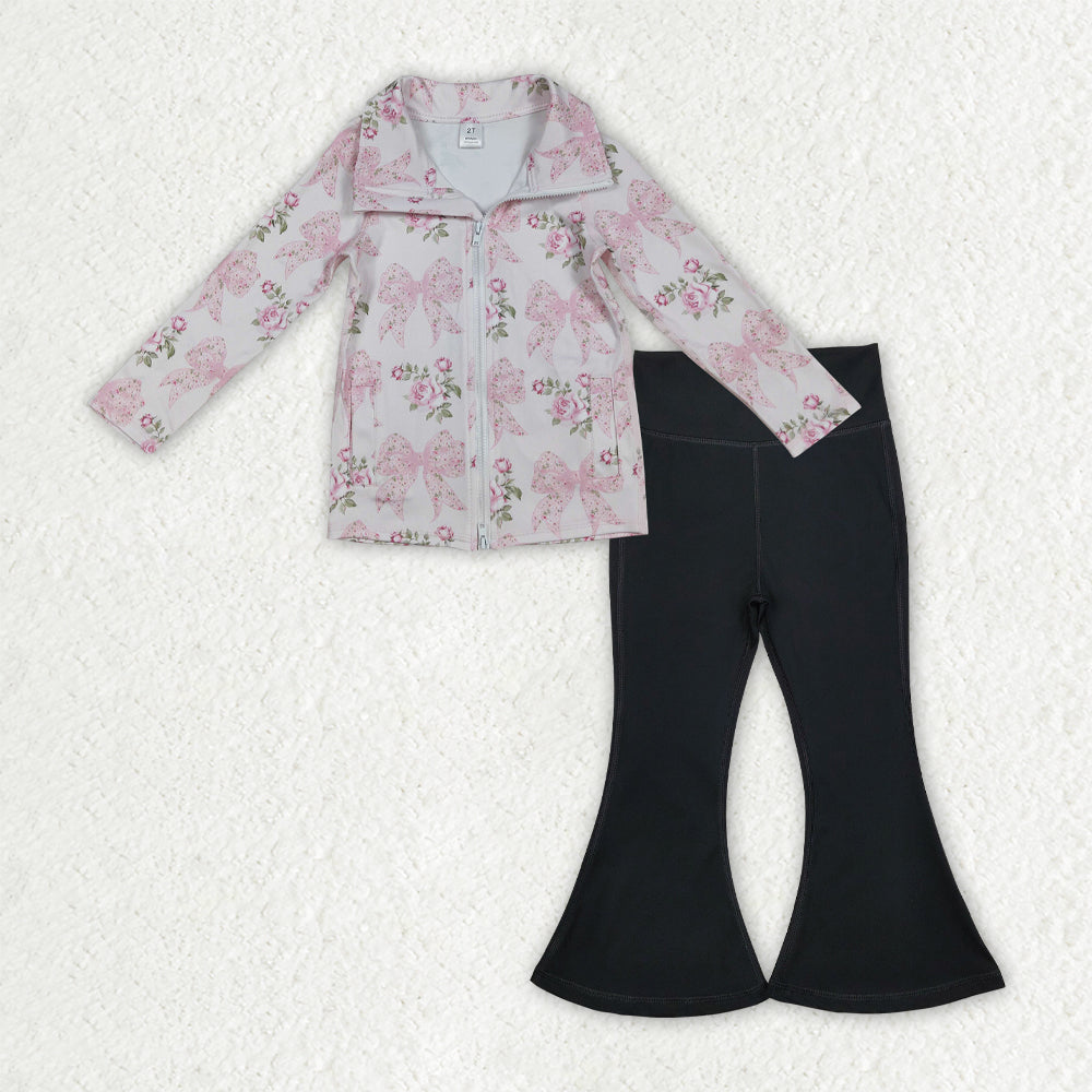 Baby Girls Pink Floral Bows Zip Pockets Pullover Black Bell Bottom Pants Yoga Active Clothes Sets