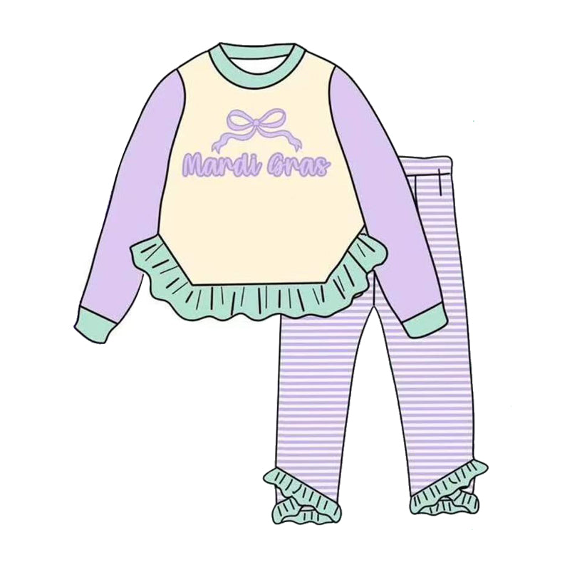 Baby Girls Lavender Mardigras Bows Ruffle Top Stripe Leggings Clothes Sets Preorder