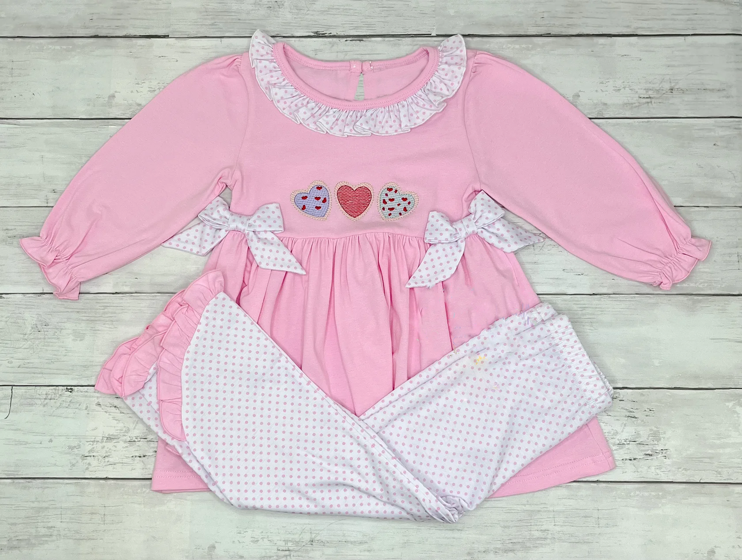 Baby Girls Hearts Bows Tunic Polka Dots Pockets Pant Valentine Clothes Sets Preorder