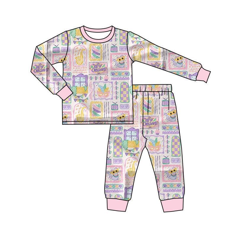 Baby Girls Mardigras Anchors Masks Checked Top Pant Pajamas Sets Preorder