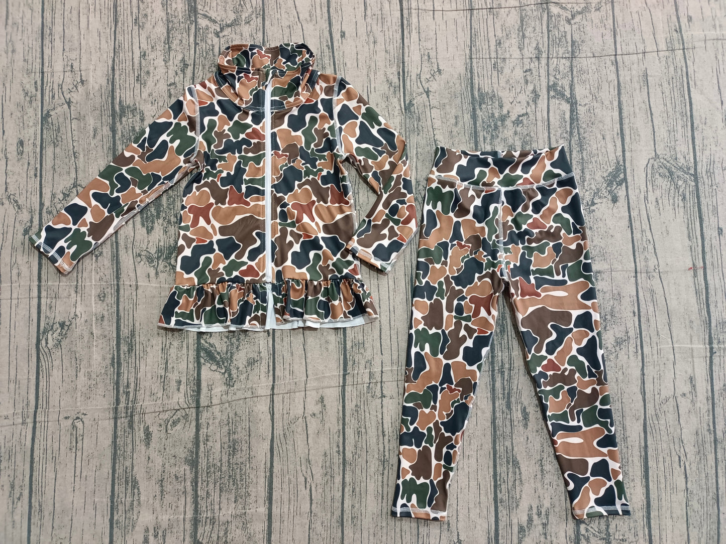 Baby Girls Dark Brown Camo Ruffle Zip Jacket Leggings Yoga Active Clothes Sets