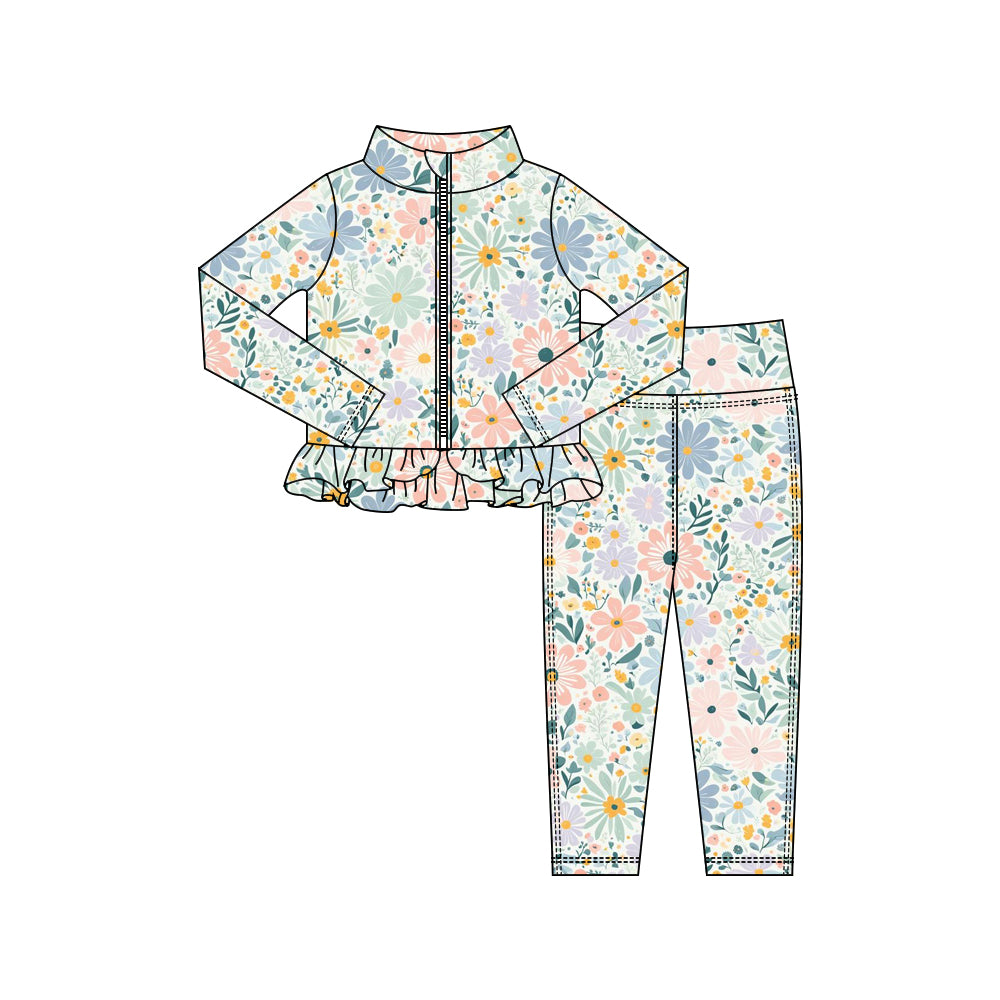 Baby Girls Pink Blue Flowers Zipper Jackets Ruffle Top Leggings Yoga Clothes Sets Preorder