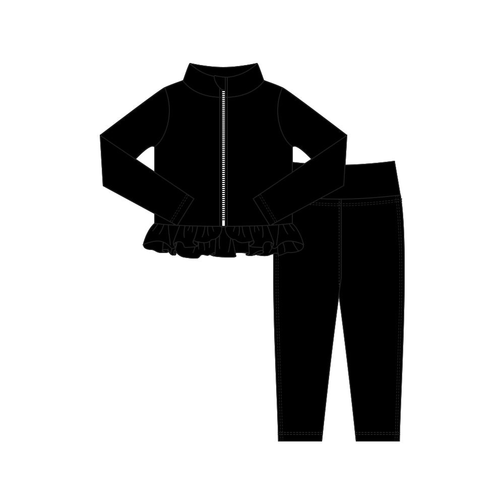 Baby Girls Black Zipper Jackets Ruffle Top Leggings Yoga Clothes Sets Preorder