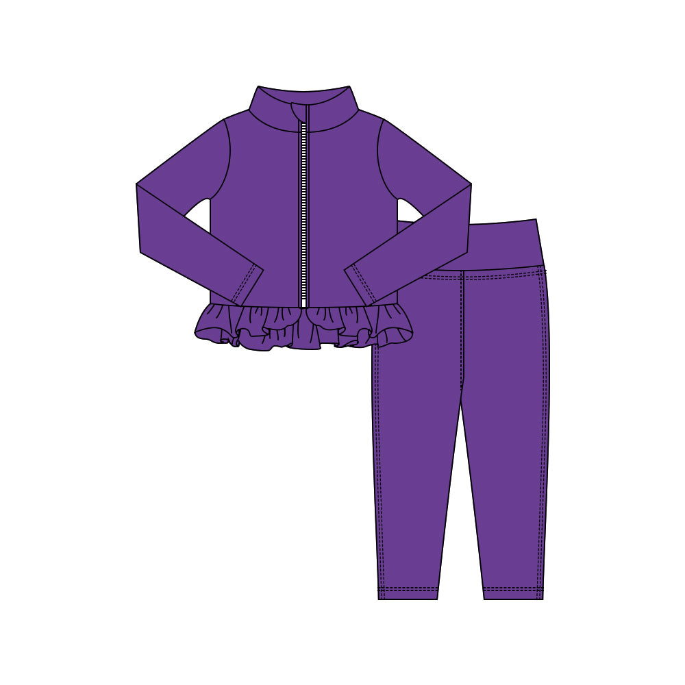 Baby Girls Purple Zipper Jackets Ruffle Top Leggings Yoga Clothes Sets Preorder