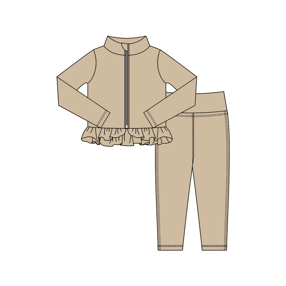 Baby Girls Khaki Zipper Jackets Ruffle Top Leggings Yoga Clothes Sets Preorder
