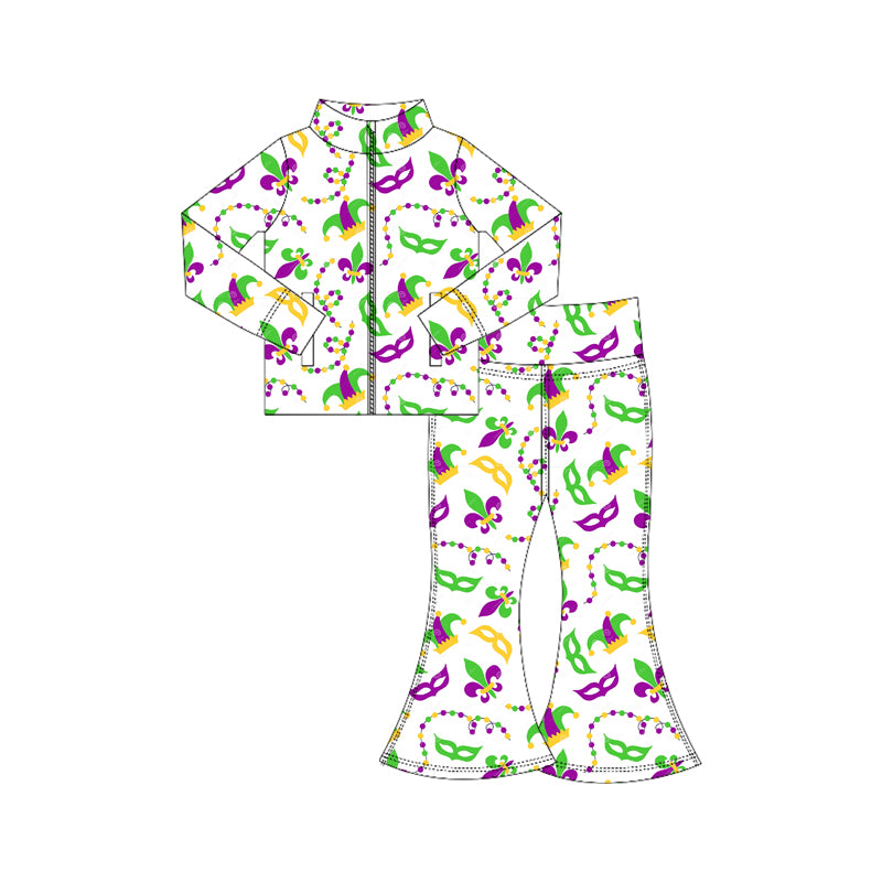 Baby Girls Mardigras Anchors Masks Zipper Jacket Bell Bottom Pants Yoga Clothes Sets Preorder