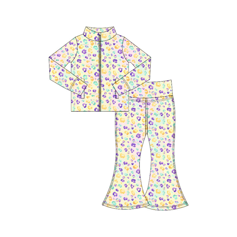 Baby Girls Mardigras Leopard Zipper Jacket Bell Bottom Pants Yoga Clothes Sets Preorder